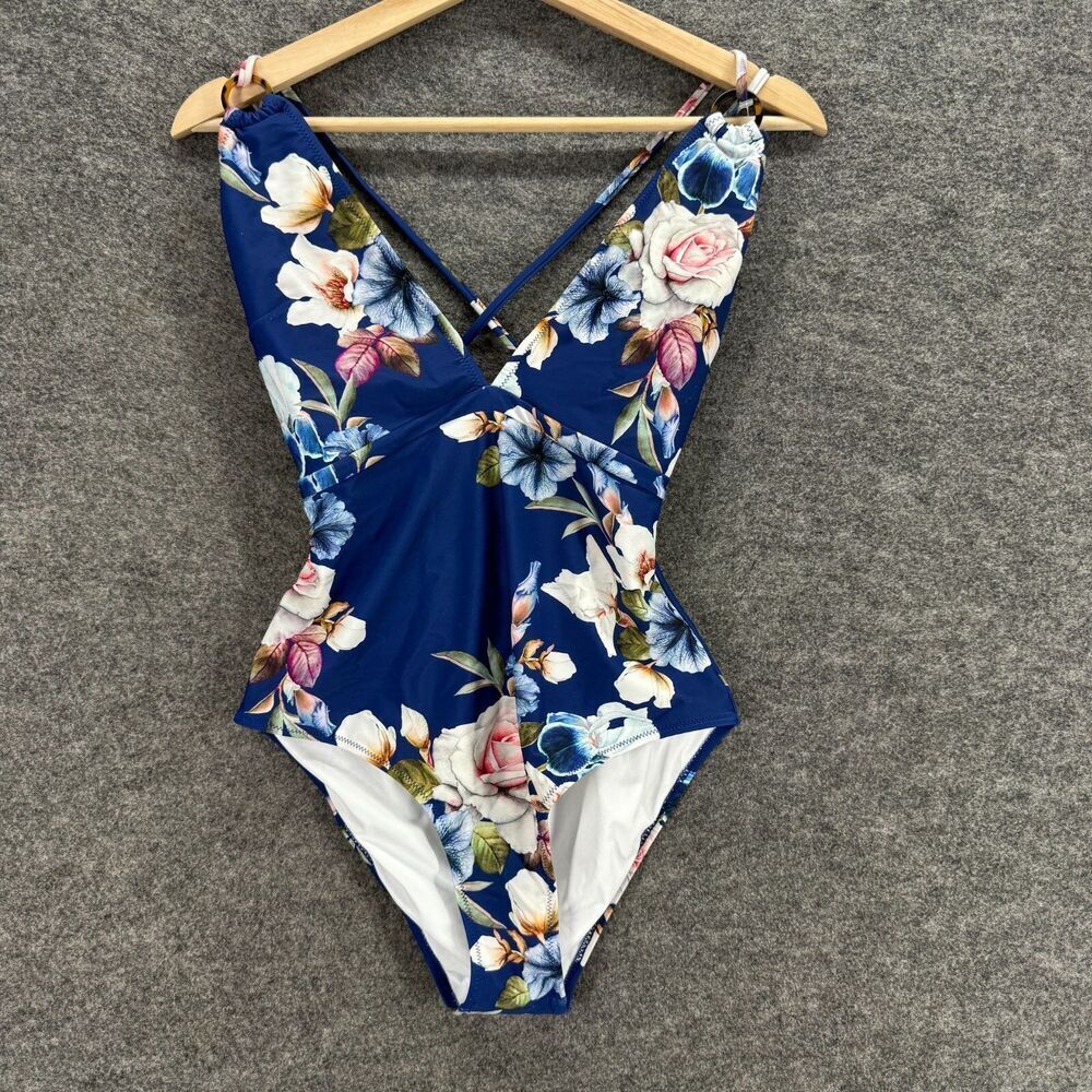 Unbranded Swimsuit Women M Medium Blue Floral V-Neck Sleeveless Lined Casual